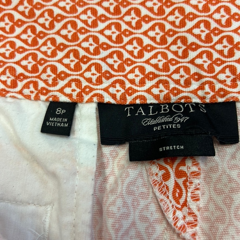 TALBOTS‎ Petites | Geometric Bermuda Shorts Filigree Print Orange/White 8P